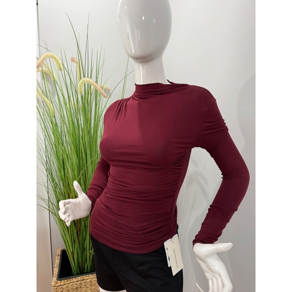 Commense Burgundy Ruched Long Sleeve Top Mock Neck Fitted Blouse size XS - Picture 5 of 8